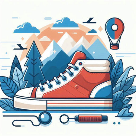 Vector illustration of a flat design of sneakers and mountains. Sneakers in the mountains.のイラスト素材