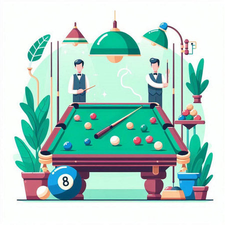 Billiard table with balls and cue. Vector illustration in flat styleのイラスト素材