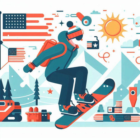 Vector illustration of snowboarder in sportswear riding on snowboard on background of winter landscape.のイラスト素材