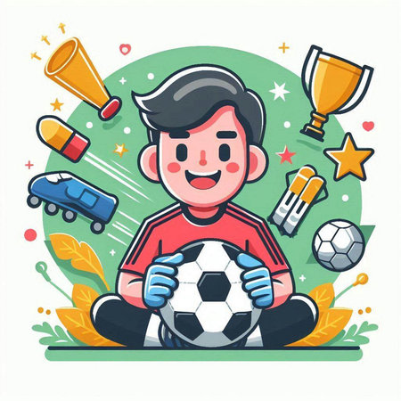 Cartoon soccer player with ball and trophy. Flat style vector illustration.のイラスト素材