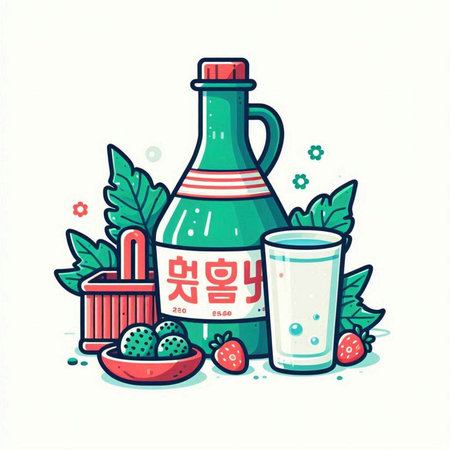 Vector illustration of a bottle of soy sauce, glass of milk and strawberries.のイラスト素材