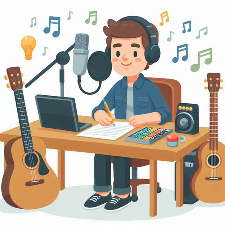 Vector illustration of a young man sitting at a table with music instruments.のイラスト素材