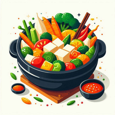 Vegetable stew with tofu and vegetables in a pot. Vector illustration.のイラスト素材