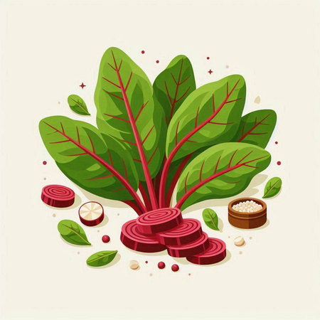 Beetroot. Vector illustration of fresh beetroot with leaves and spices.のイラスト素材