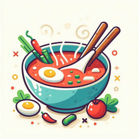 Tom yum soup in bowl with chopsticks. Vector illustration.のイラスト素材