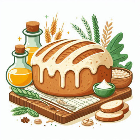 Illustration of a loaf of bread and ingredients on a white backgroundのイラスト素材
