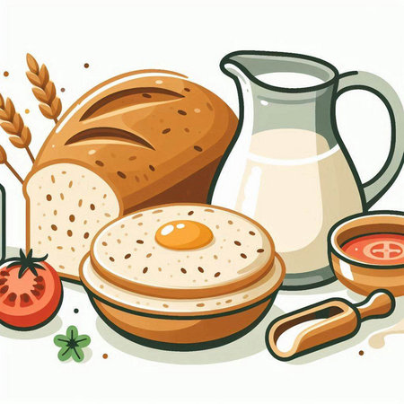 Illustration of a set of food products including bread, cheese, tomato, milkのイラスト素材
