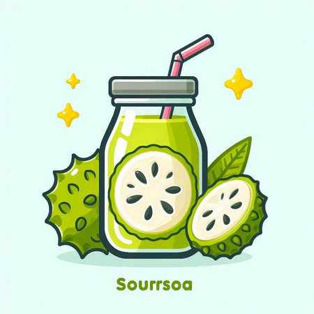 Soursop vector illustration in cartoon style. Juicy smoothie in a jar with a straw.のイラスト素材