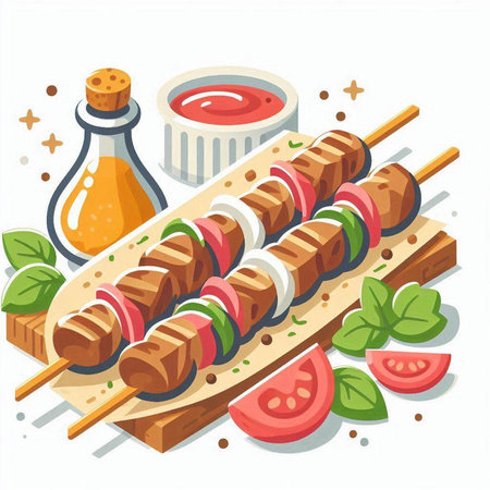 Grilled beef kebab on skewer with tomato sauce. Vector illustrationのイラスト素材