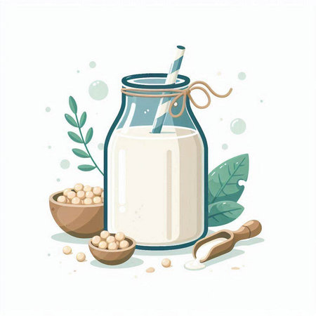 Vector illustration of soy milk in a glass jar with a straw and nuts.のイラスト素材