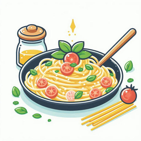 Spaghetti with tomato sauce and basil in a frying pan. Vector illustration.のイラスト素材