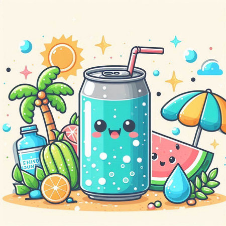 Cute cartoon watermelon soda drink character with summer elements. Vector illustration.のイラスト素材