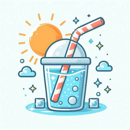 Vector illustration of a glass of milkshake with straw and ice cubes.のイラスト素材