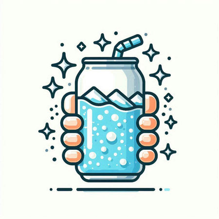 Hand holding a can of soda with ice cubes. Vector illustration.のイラスト素材