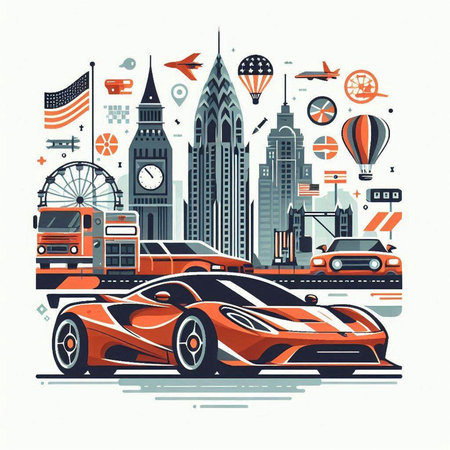 Vector illustration of a cityscape with cars, buildings and transport.のイラスト素材