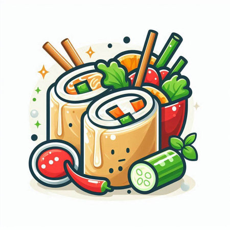 Vector illustration of Sushi roll with salmon, avocado, cucumber, tomato and chopsticks.のイラスト素材