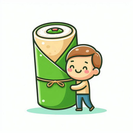 Cartoon character of a boy holding sushi roll. Vector illustration.のイラスト素材