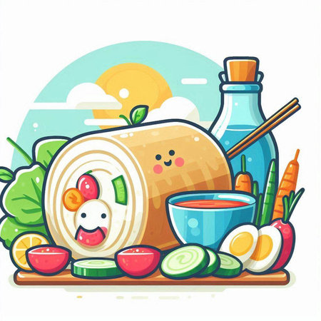 Korean food vector illustration. Vegetable roll, kimchiのイラスト素材