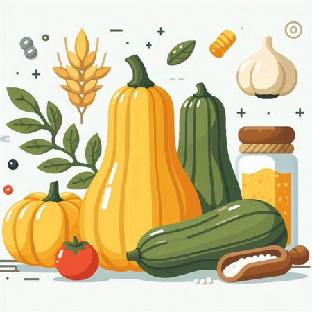 Vegetables and spices. Vector illustration, flat style. Vegetarian food.のイラスト素材