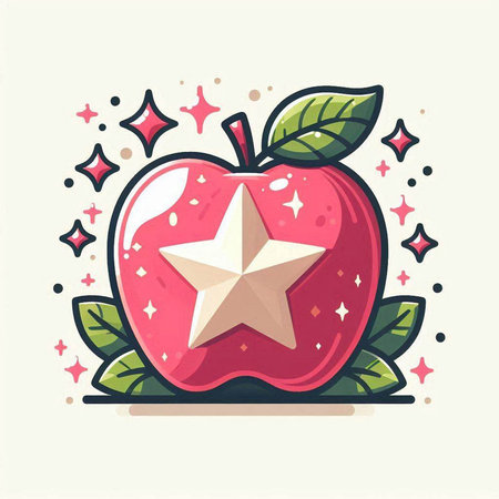 Red apple with star and stars. Vector illustration in cartoon style.のイラスト素材