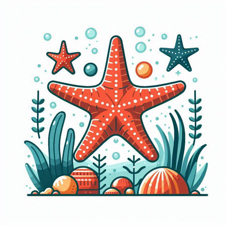 Starfish, seashells and seaweed. Vector illustration.のイラスト素材