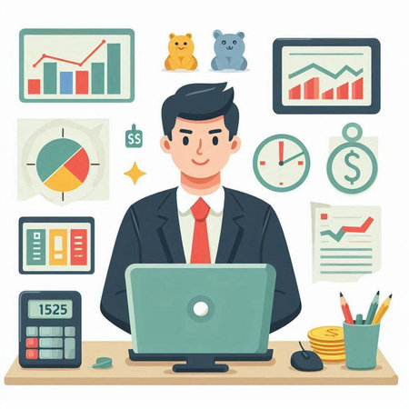 Businessman working with laptop in office. Flat style vector illustration.のイラスト素材