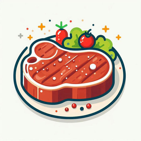 Steak with vegetables and sauce. Vector illustration in flat style.のイラスト素材