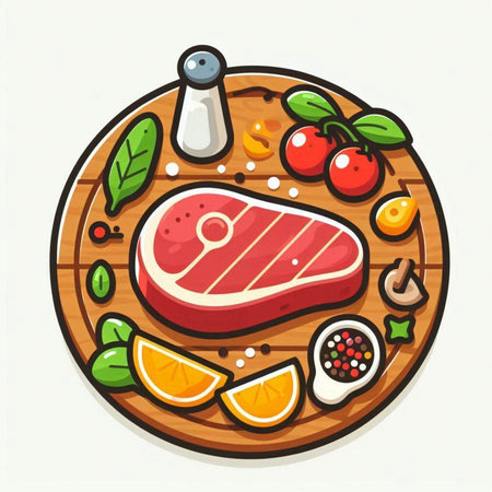 Steak with spices and vegetables on wooden board. Vector illustration.のイラスト素材