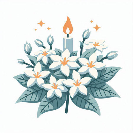 Illustration with a candle and flowers on a white background, vectorのイラスト素材