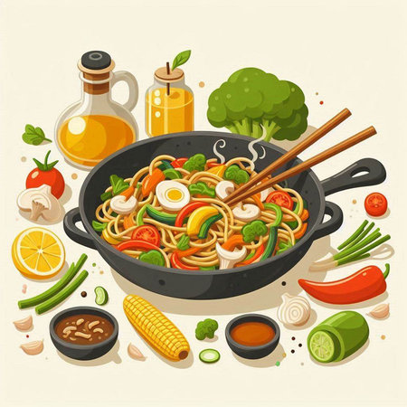 Noodles in a wok with vegetables. Vector illustration.のイラスト素材