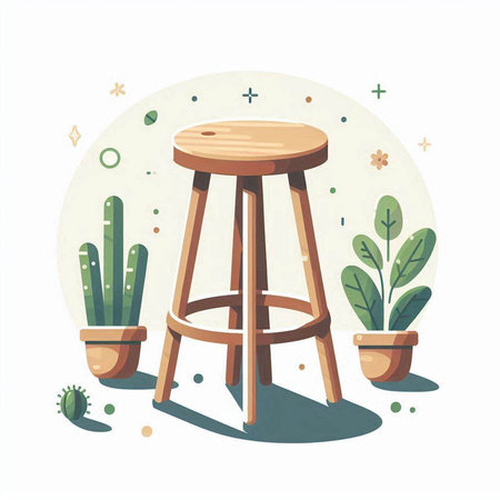 Wooden stool and cacti in pots. Vector illustration.のイラスト素材