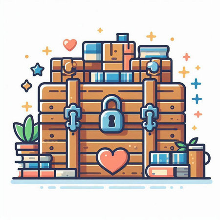 Vector illustration of a wooden box with a padlock and a heart.のイラスト素材