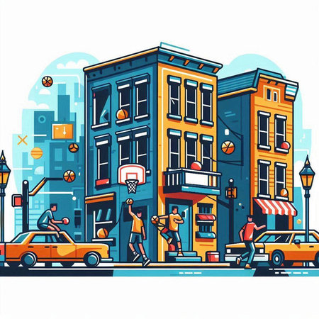 City street with buildings and people. Vector illustration in flat style.のイラスト素材