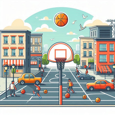 Basketball court with basketball ball, people and cars. Vector illustration.のイラスト素材