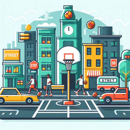 City street with traffic and people. Vector illustration in flat style.のイラスト素材