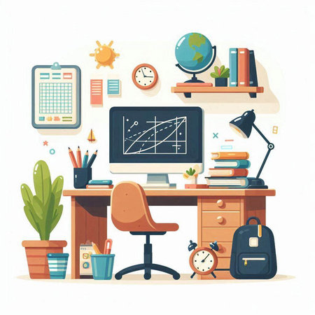 Vector illustration of a workplace in a flat style. Workplace with computer, books, stationery and clock. Workspace with equipment.のイラスト素材