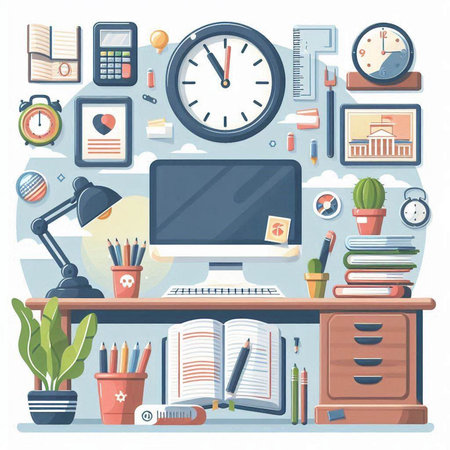 Workplace with computer, clock, books and stationery. Flat design vector illustration.のイラスト素材