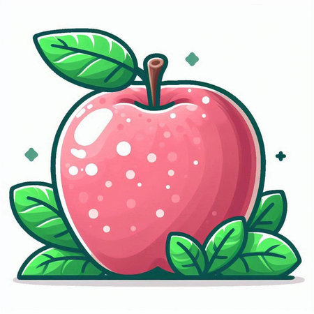 Red apple with green leaves on a white background. Vector illustration.のイラスト素材