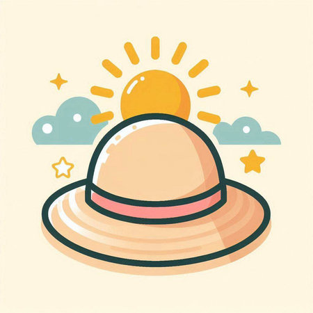 Summer hat with sun and clouds. Vector illustration in flat style.のイラスト素材