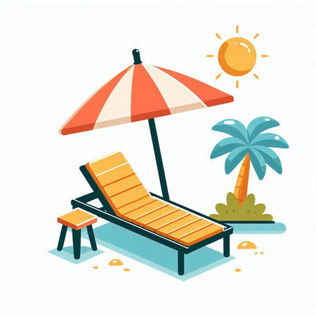 Beach chaise lounge with umbrella. Vector illustration in flat styleのイラスト素材