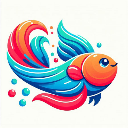 Vector illustration of goldfish with blue and red waves and bubbles.のイラスト素材