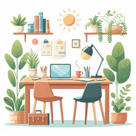 Workplace in the office. Workplace with a computer, a chair, a table, a lamp, a book, a plant, a plant in a pot. Vector illustrationのイラスト素材
