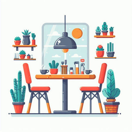 Interior of cafe with tables, chairs, table lamps, potted plants. Flat vector illustration.のイラスト素材