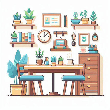 Kitchen interior with furniture and plants. Vector illustration in flat styleのイラスト素材