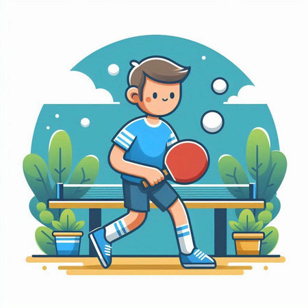 Boy playing table tennis in the park. Flat style vector illustration.のイラスト素材