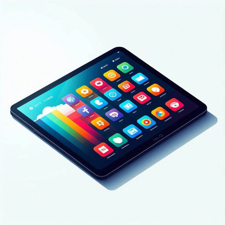 Tablet pc with colorful application icons isolated on white background. Vector illustration.のイラスト素材