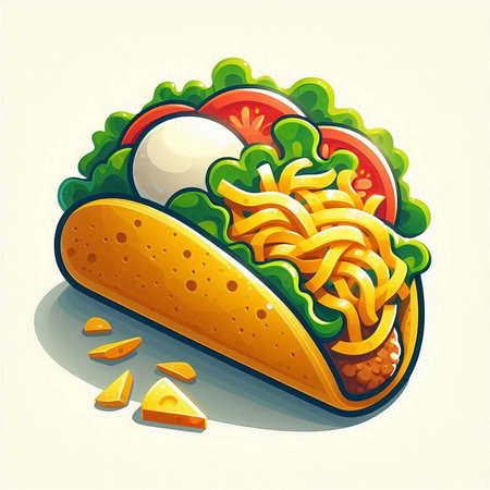 Illustration of a fast food taco with lettuce, tomato and cheeseのイラスト素材
