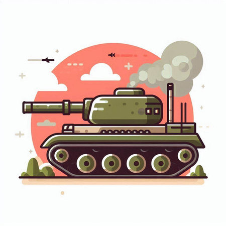 Military tank on the background of the sun. Flat vector illustration.のイラスト素材