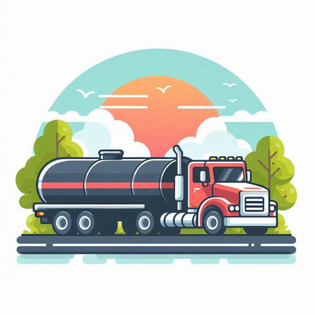 Truck with oil tank on the road. Vector illustration in flat styleのイラスト素材