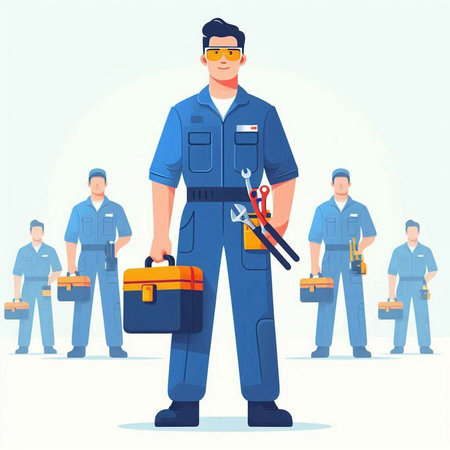 Vector illustration of a Mechanic with tools in his hands. Flat style.のイラスト素材